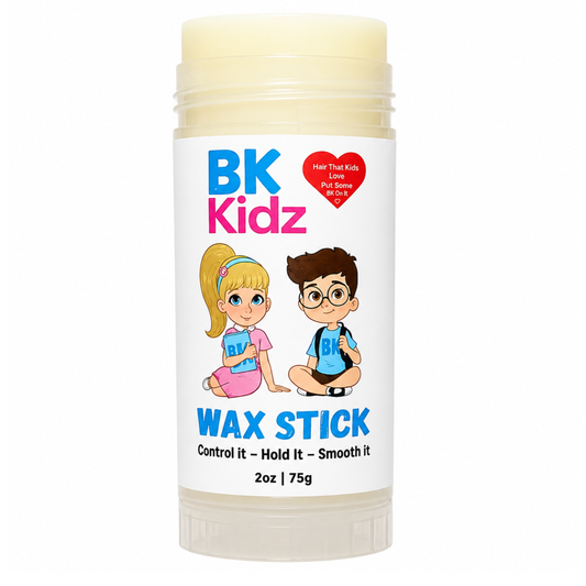A 2oz stick of BK Kidz Wax Stick, featuring a white label with cartoon illustrations of a boy and girl wearing blue shirts, on a clean white background.