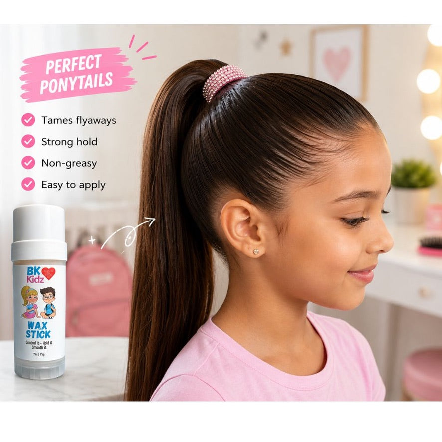 Girl with a perfect ponytail using BK Kids Wax Stick with product packaging on a white background