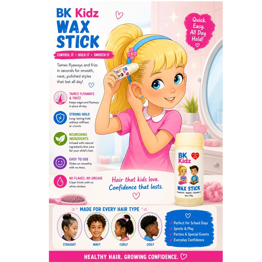 A promotional product card for BK Kidz Wax Stick hair styling product, showing a cartoon blonde girl applying the wax stick, a bottle of the wax stick, and several benefit callouts on a pink and white background.