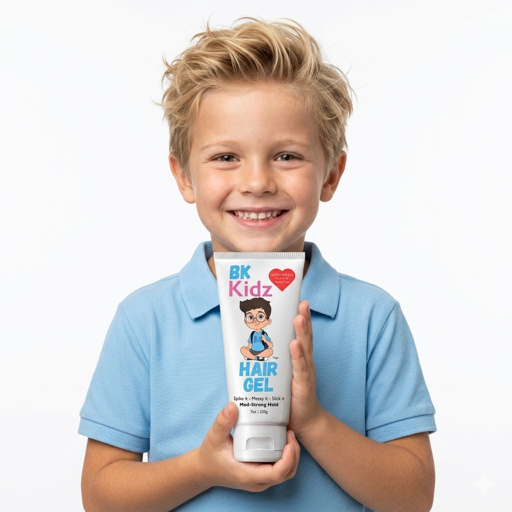 blonde hair boy holding bk kidz hair pomade