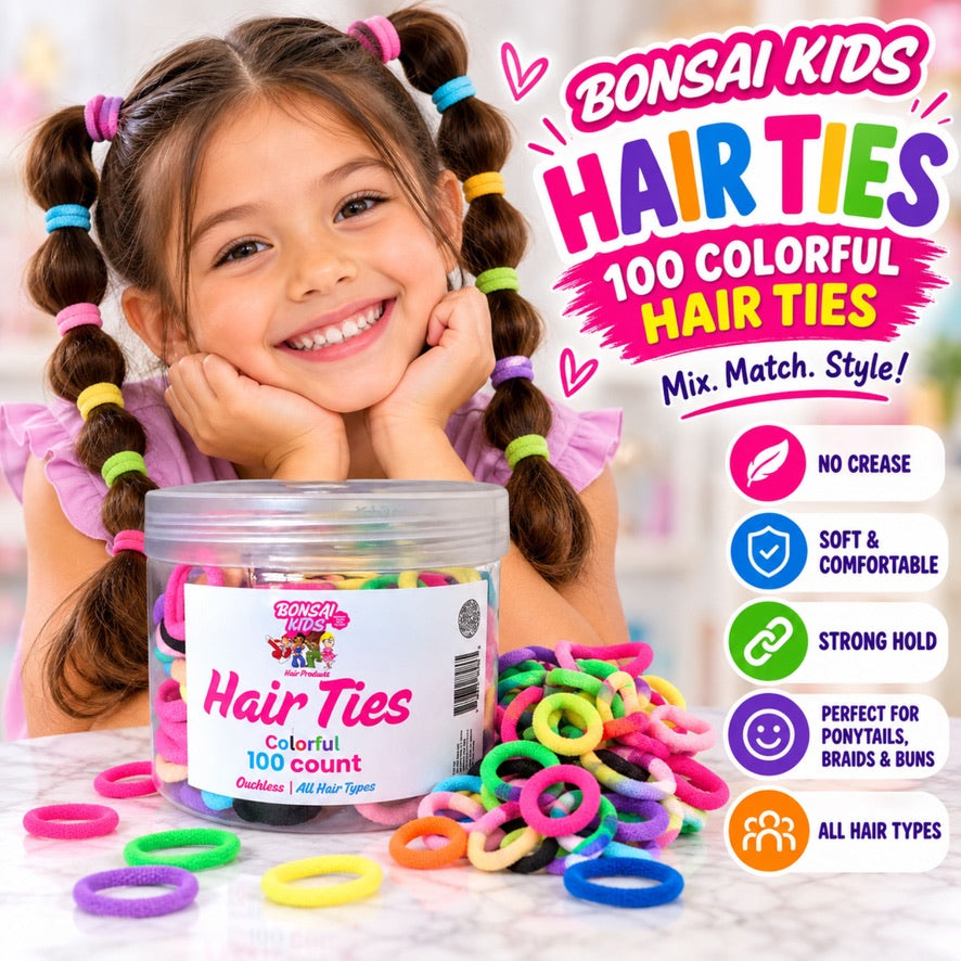 A smiling young girl with colorful braided pigtails poses beside a clear plastic jar of BonSai Kids Hair Ties, with loose multicolor hair ties scattered around and promotional text on the right.