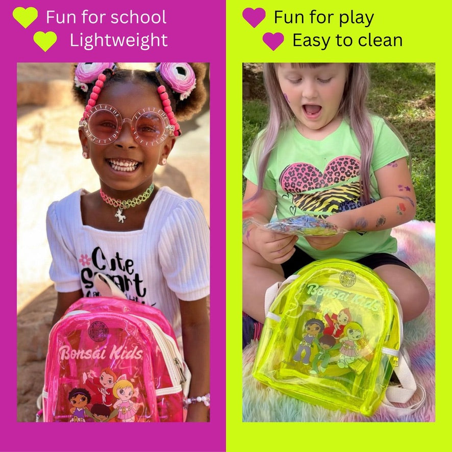 Two children with Bonsai Kids backpacks, one pink and one yellow, on a colorful background.