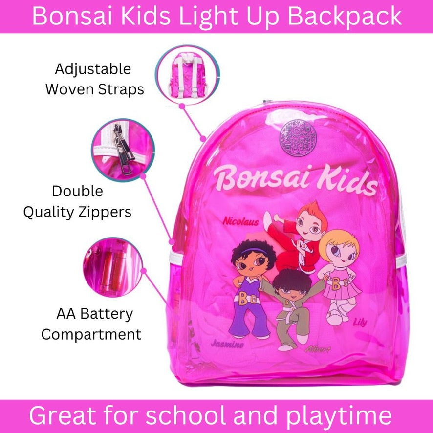Pink backpack with cartoon characters labeled 'Bonsai Kids' on a white background.
