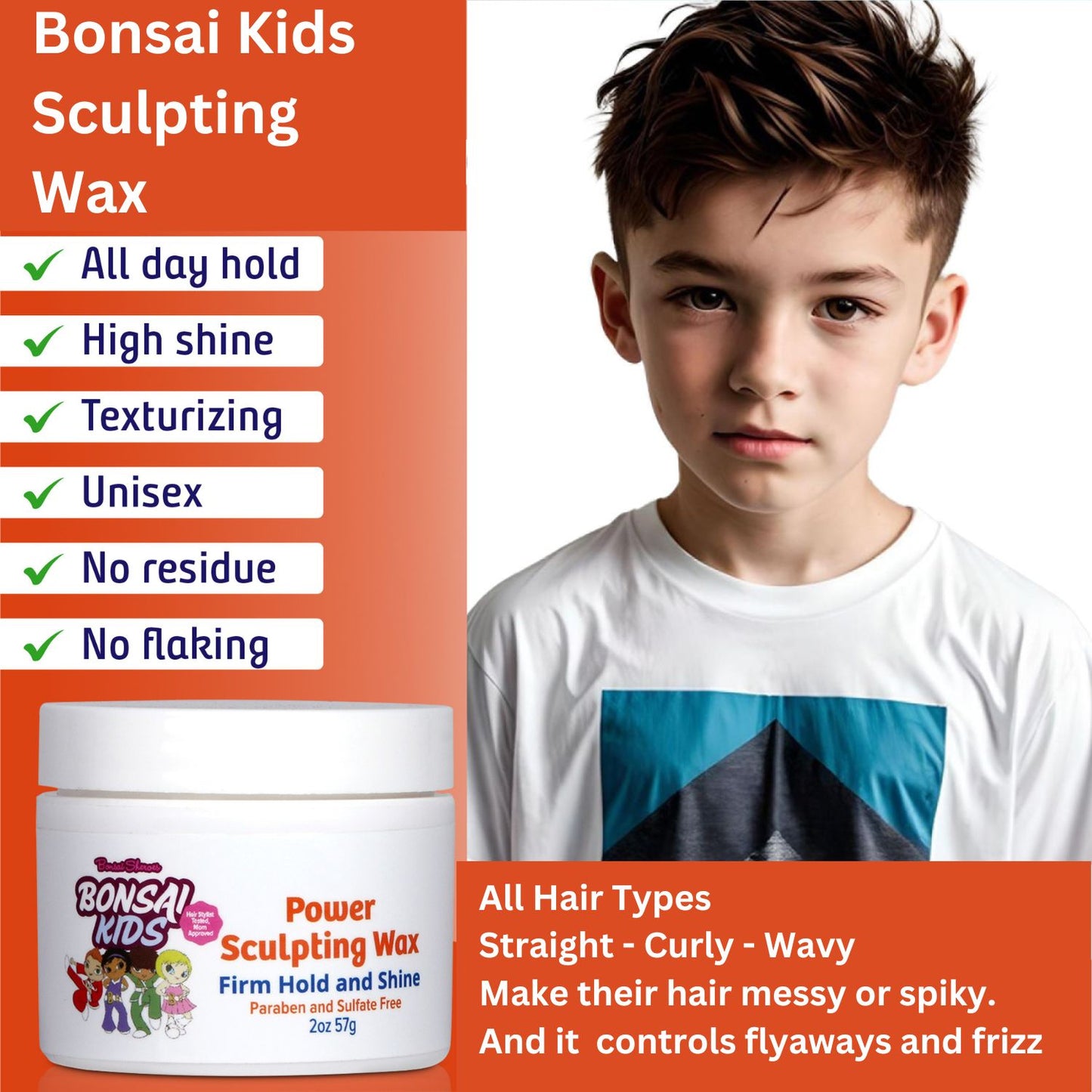 Style your child's hair effortlessly with Bonsai Kids Hair Wax. This gentle and easy-to-apply wax provides a flexible hold and a natural finish, making it perfect for creating a variety of hairstyles.