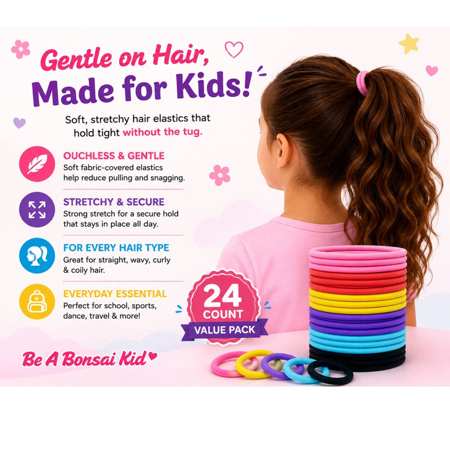 A promotional graphic for kids' stretchy hair elastics. On the right, a young girl with a brown ponytail is shown from behind, wearing a pink hair tie.