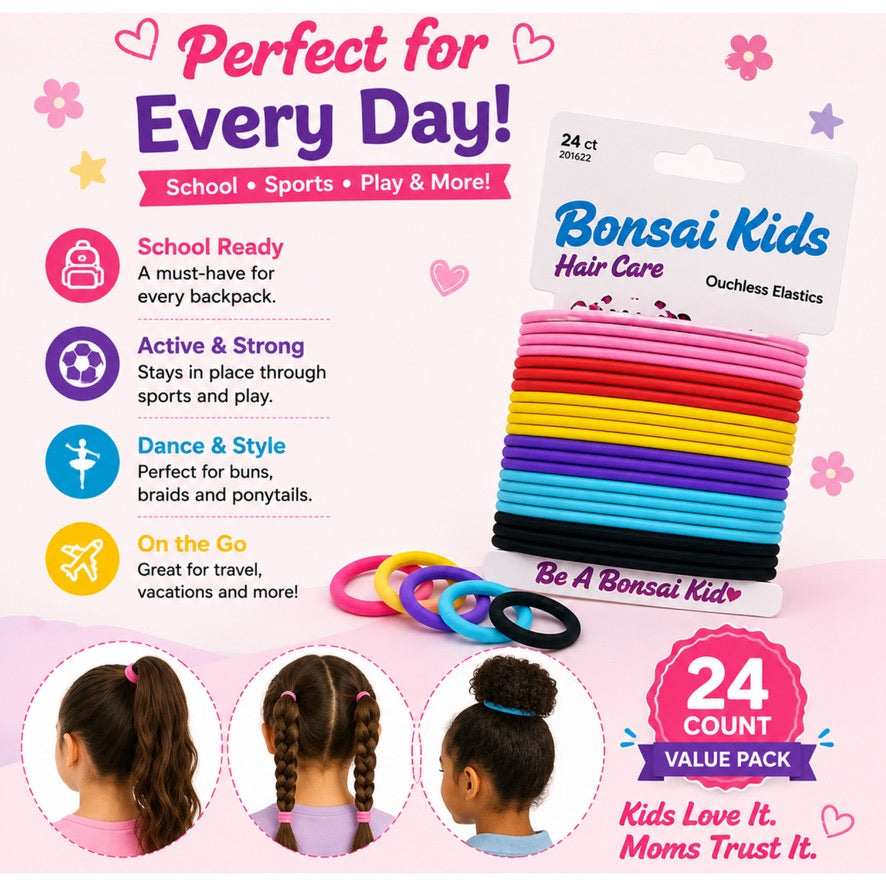 Bonsai Kids Hair Care 24 ct value pack of elastic hair ties in a rainbow of colors, shown on a retail card with promotional text and circular photos of children wearing them.