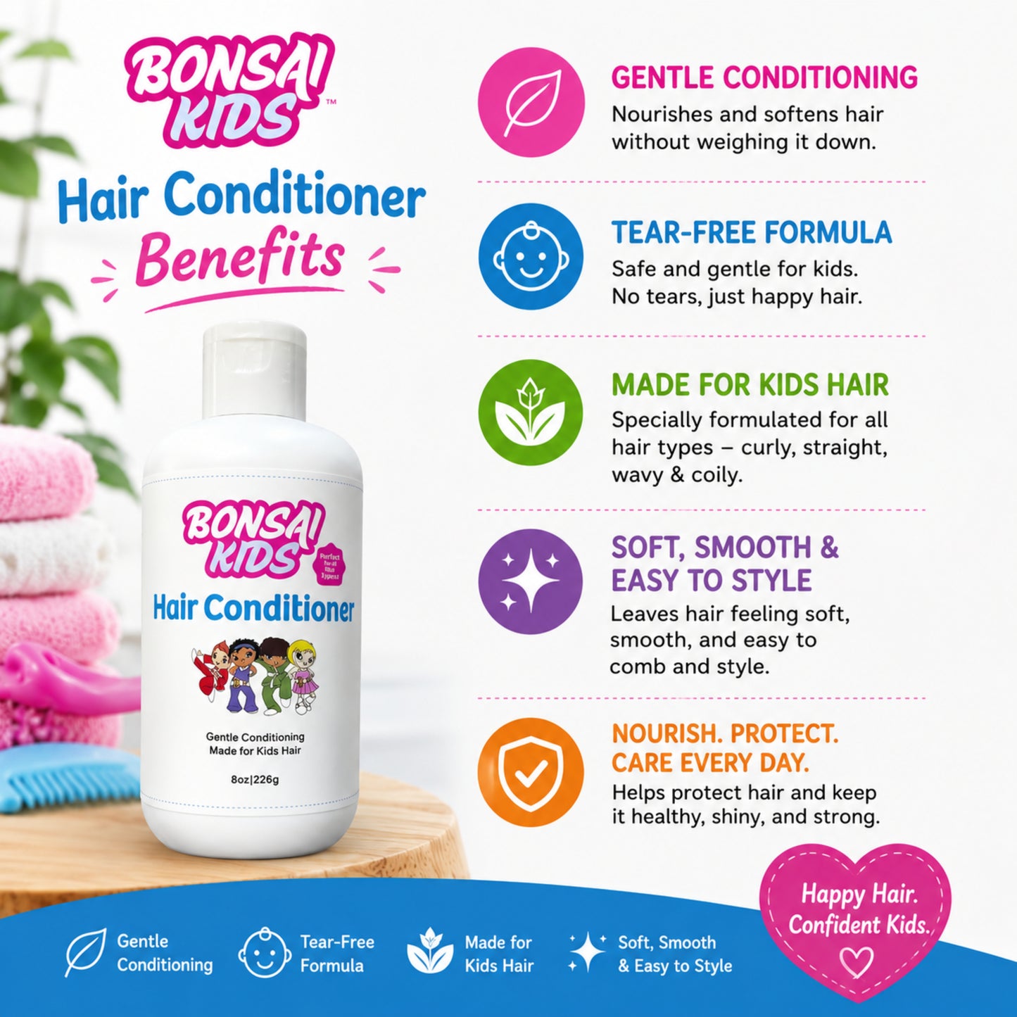 Bonsai Kids Hair Conditioner bottle shown on a promotional infographic with six benefit callouts: gentle conditioning, tear-free formula, made for kids hair, soft and easy to style, nourish and protect, and happy hair confident kids. The bottle is white with a pink cap and multicolor cartoon children on the label.