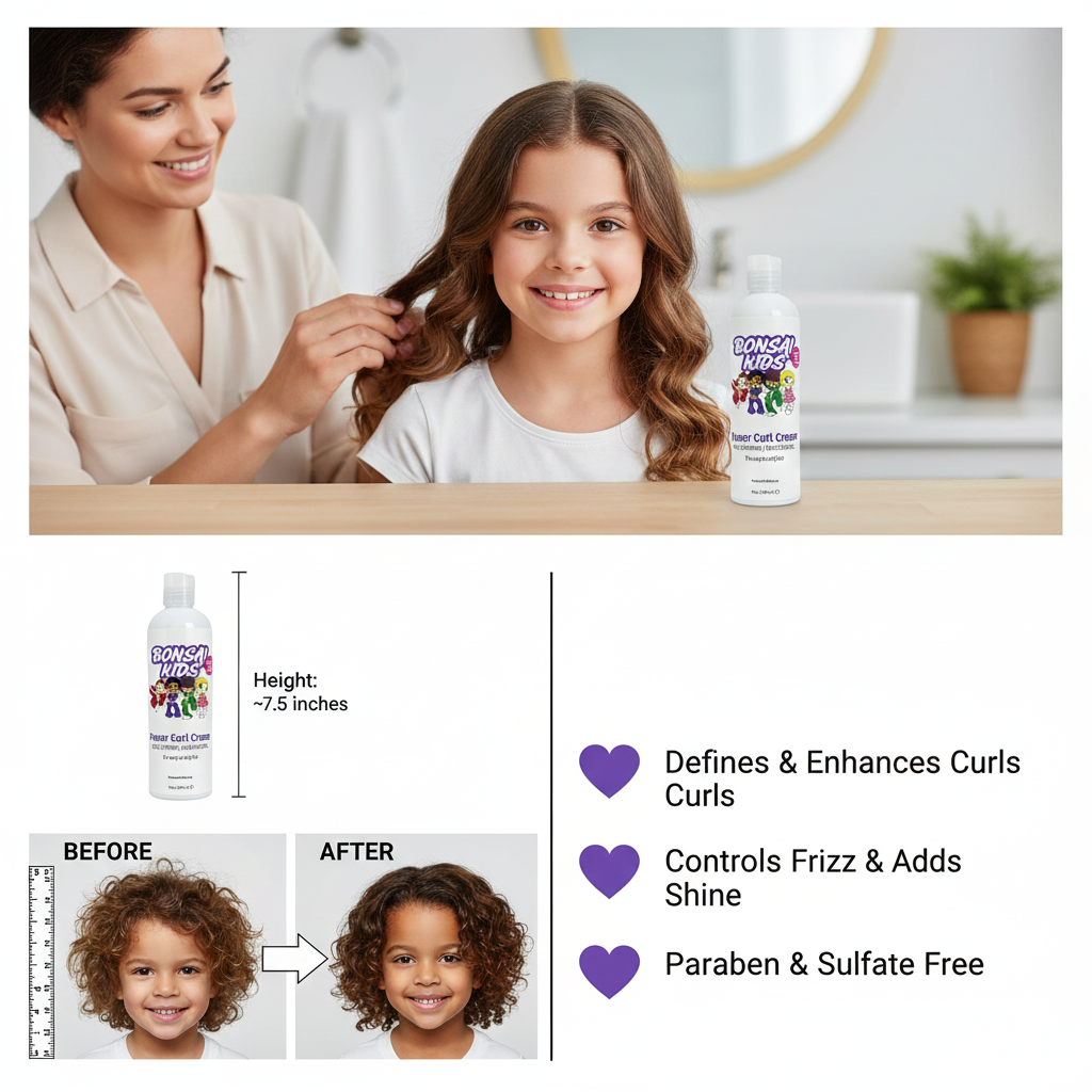 Woman styling a child's hair with a bottle of hair product, showing before and after effects on children's hair.