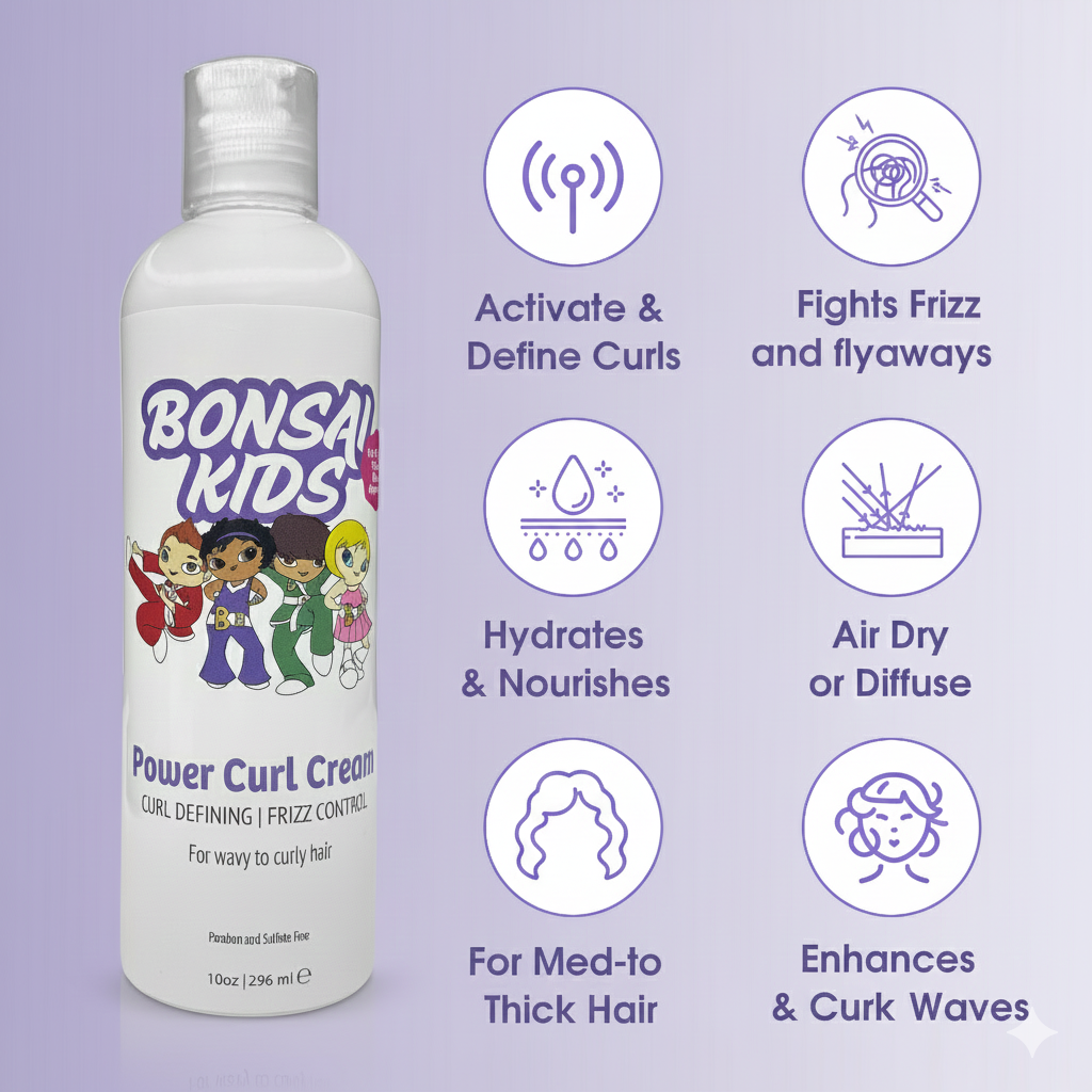 Bonsai Kids Power Curl Cream bottle with features on a purple background