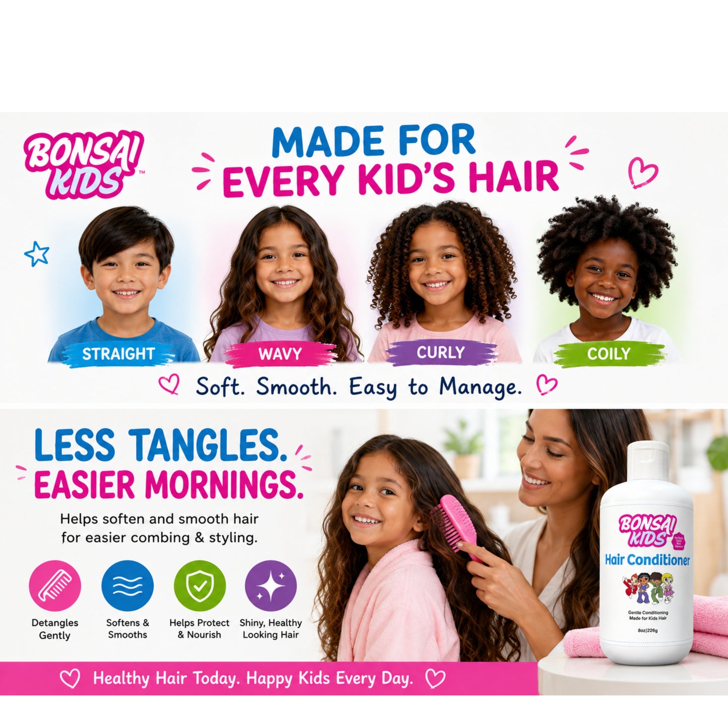 Bonsai Kids Hair Conditioner advertisement featuring a bottle of the product and text highlighting benefits for kids' hair types, with photos of children and a woman styling hair.