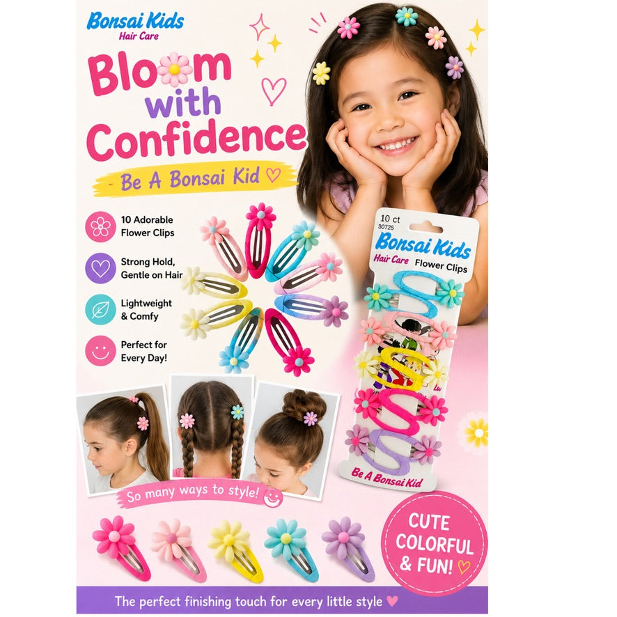 Bonsai Kids Hair Care 'Bloom with Confidence' flower clip set packaging, featuring a smiling young girl with colorful flower hair clips, product illustrations, and descriptive text on a pink background.