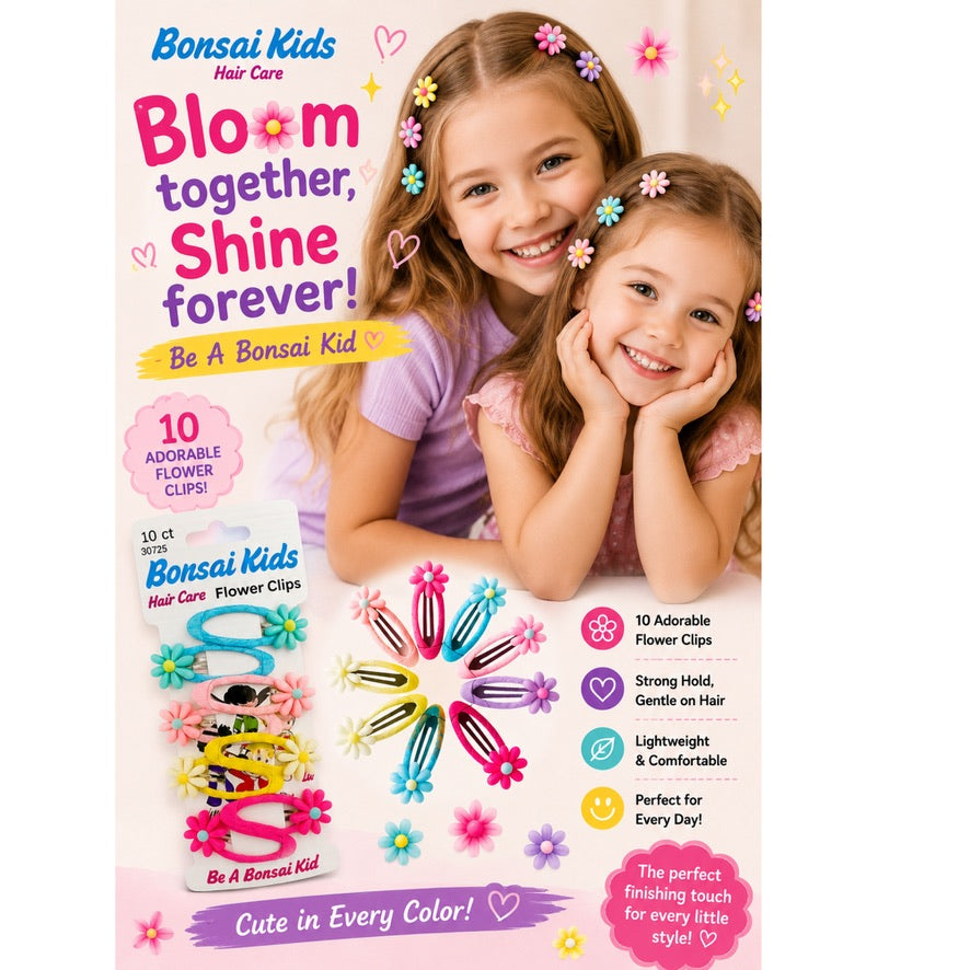 Bonsai Kids Hair Care 'Bloom together, Shine forever!' hair care flower clip set packaging. The box features a photo of two young girls with flower hair clips, alongside illustrations of the colorful flower clips and product features listed on the right.