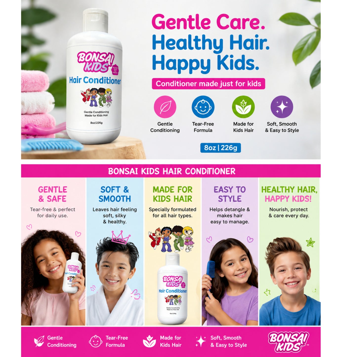 Bonsai Kids Hair Conditioner bottle shown on a colorful promotional graphic with children, text callouts, and product benefits. The image includes a large white bottle, pink and blue text, and multiple child models demonstrating use.