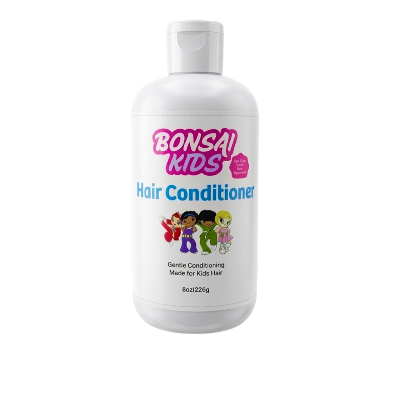 A white plastic bottle of Bonsai Kids Hair Conditioner with a white flip-top cap, featuring a colorful label with the brand name in pink and blue text, cartoon children, and product details on a white background.