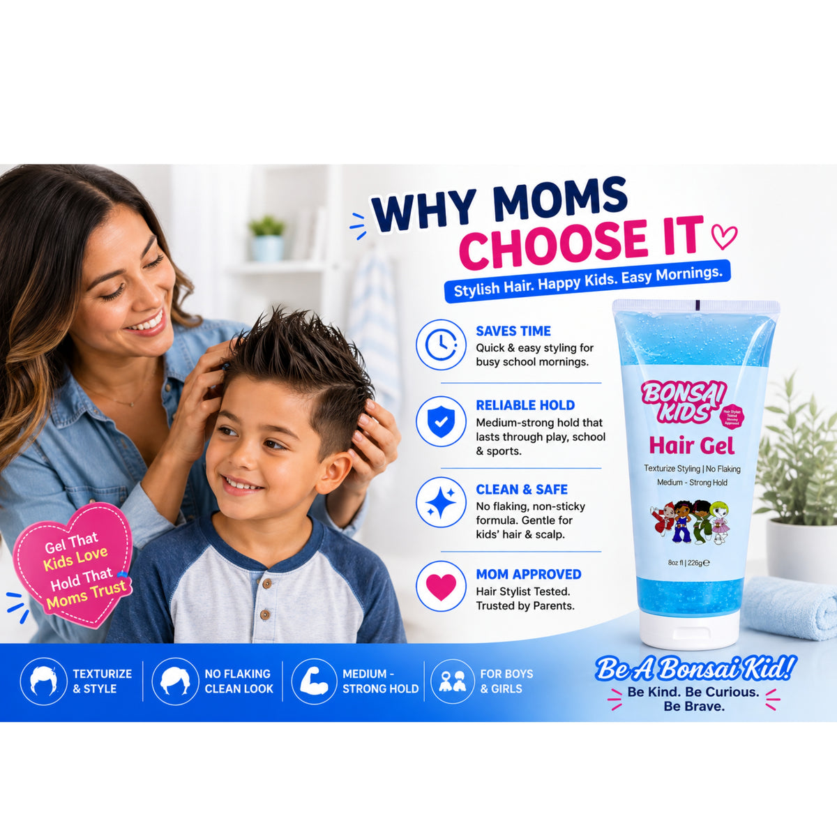 A promotional graphic for Bonshi Kids Hair Gel, featuring a mother and child on the left and product details on the right. The product is a squeeze tube of light blue hair gel with a white cap, labeled 'Bonshi Kids Hair Gel'.
