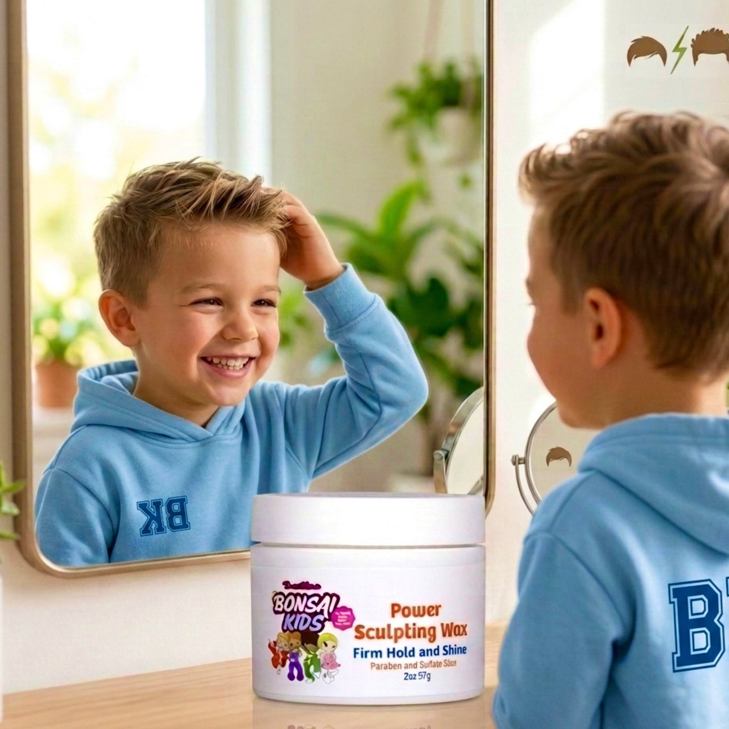 Child in blue hoodie looking at BONSAI KIDS Power Sculpting Wax in front of a mirror.