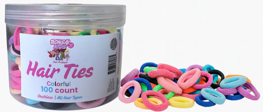 Jar of colorful hair ties with a label on a white background