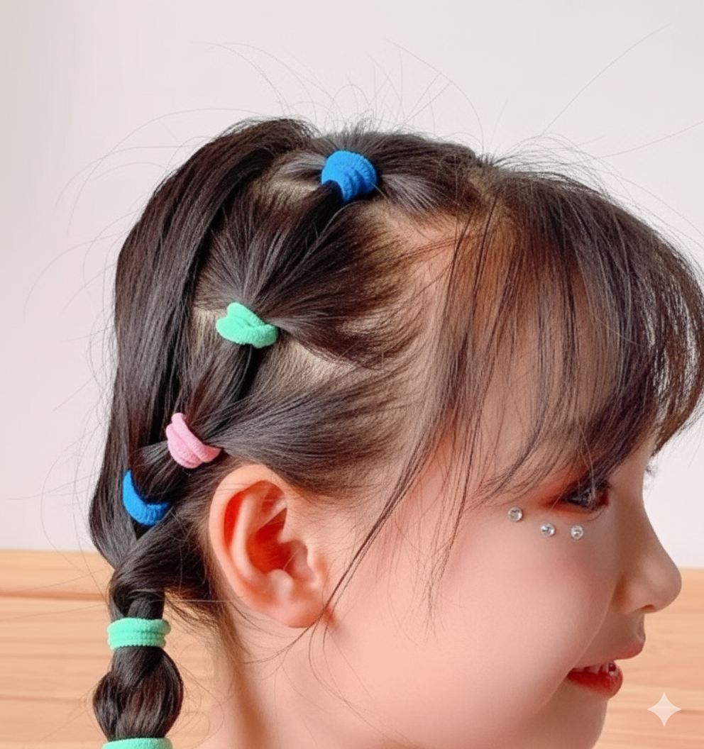 Close-up of a child's head with braided hair and colorful hair ties on a light background -