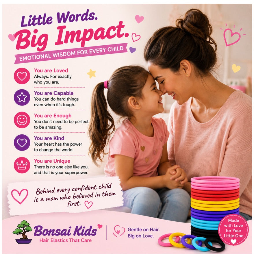 A promotional graphic for Bonsai Kids hair elastics featuring a mother and daughter sharing a tender moment, alongside a stack of colorful hair ties and text overlays explaining emotional support words for children.