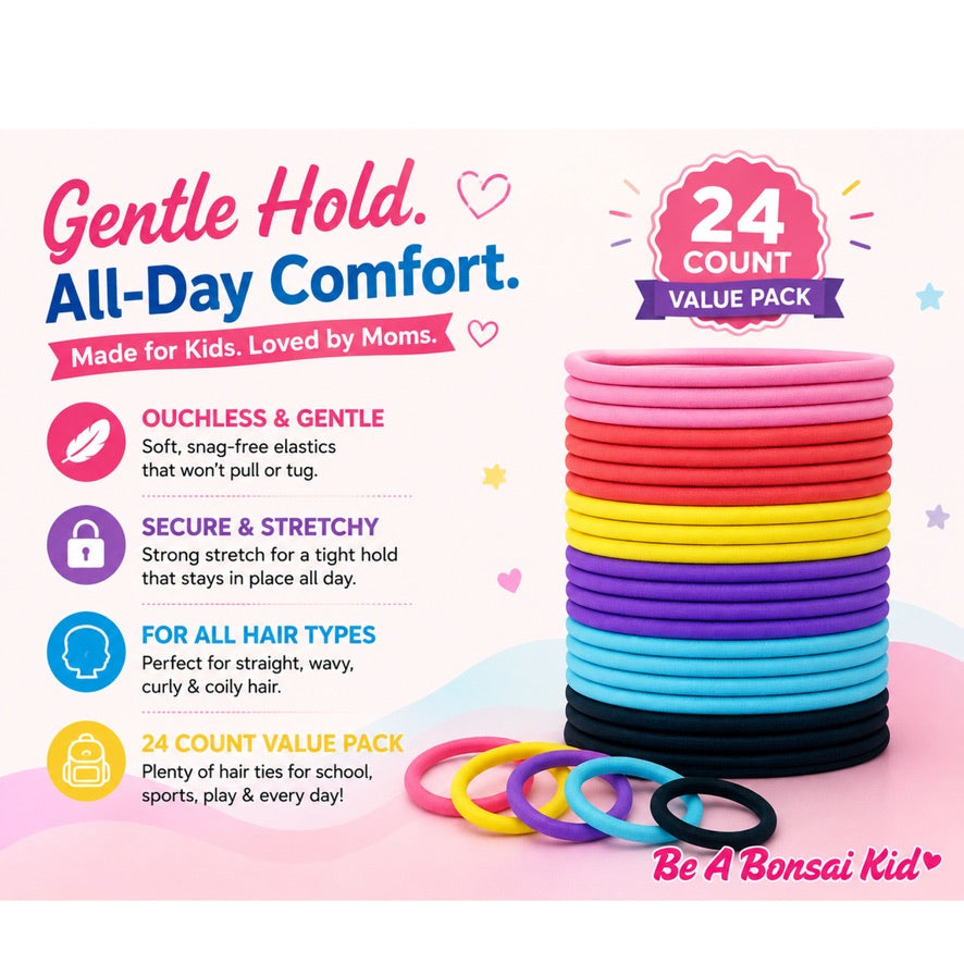 A stack of 24 colorful hair tie bands on a pastel pink background with marketing text. The bands are shown in multiple bright colors including pink, red, orange, yellow, green, blue, purple, and black, with several loose bands in front.