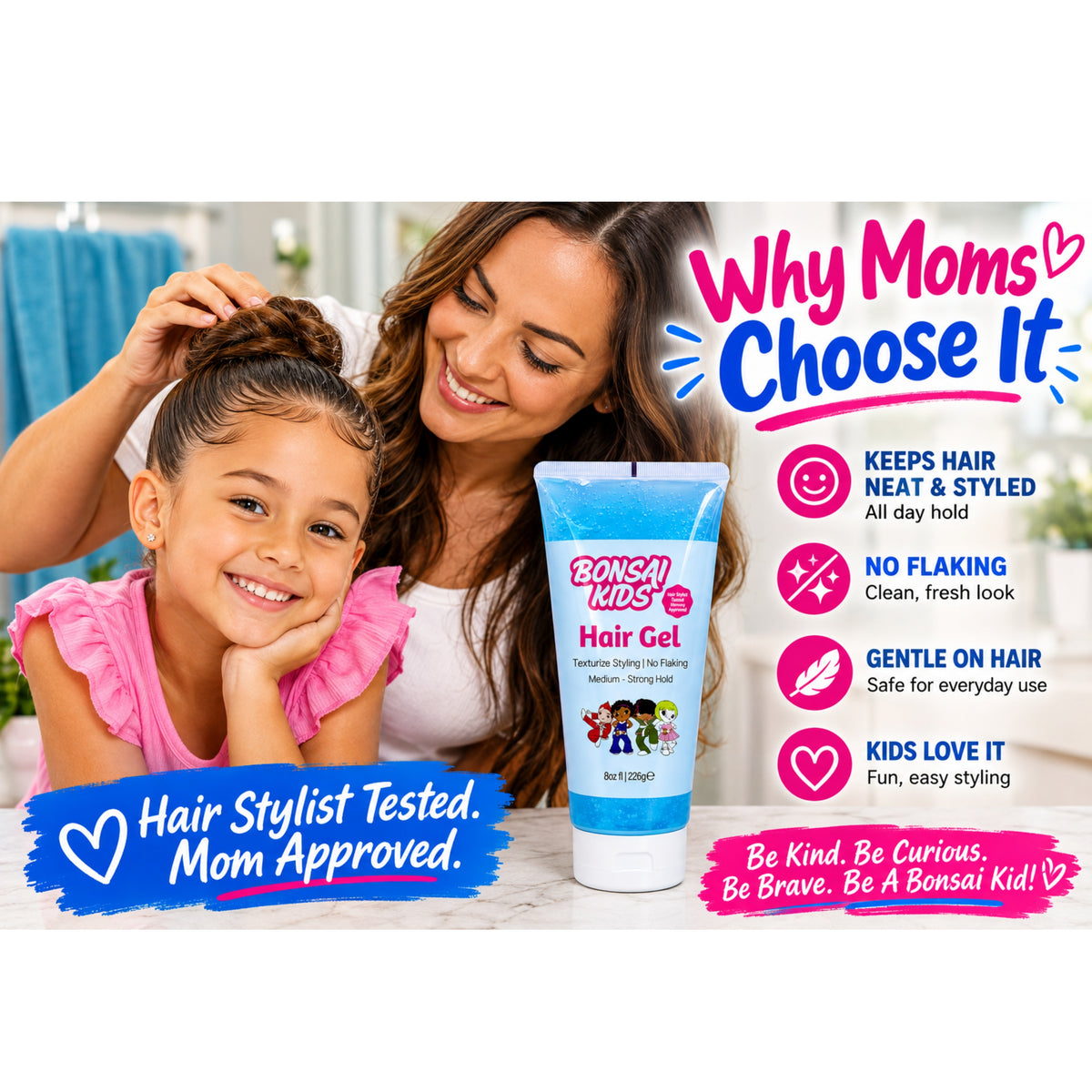 Bonsai Kids Hair Gel tube shown on a promotional graphic with a woman and child in a bathroom setting, plus text callouts about keeping hair neat, styled, flake-free, gentle on hair, and kid-approved.