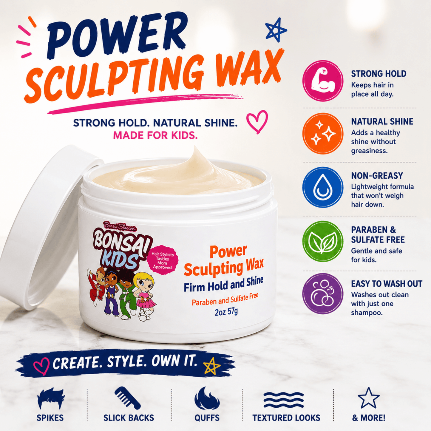 A jar of Bonsai Kids Power Sculpting Wax shown on a light marble background with promotional text and feature icons. The white jar contains pale cream-colored wax and has colorful branding.