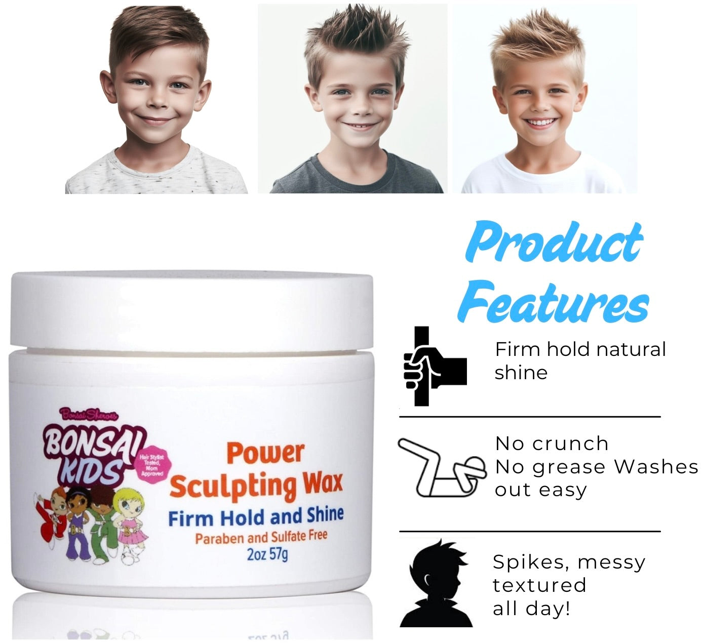 Bonsai Kids Power Sculpting Wax jar with product features on a white background