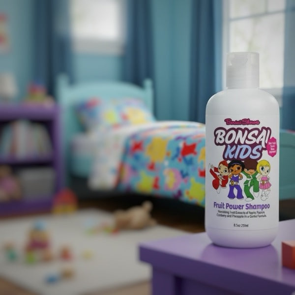 Bonsai Kids Fruit Power Shampoo bottle on a purple surface with a child's bedroom in the background