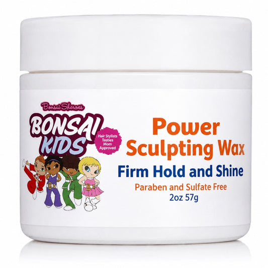 A white plastic jar of Bonsei Studios Power Sculpting Wax for kids, featuring a colorful label with cartoon characters and product text.