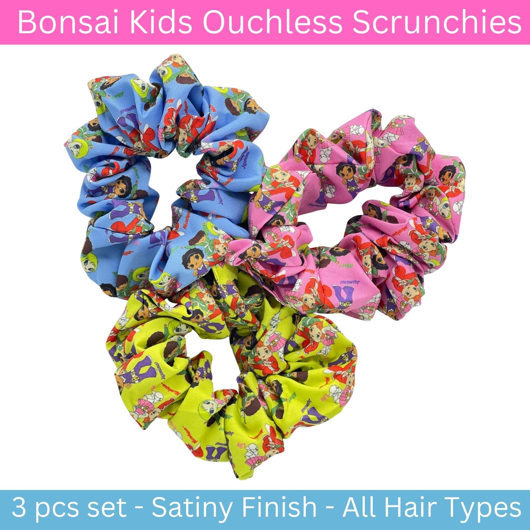 Scrunchies for all hair types and styles, ideal for straight or curly hair, ponytails, buns, updos, and cute pigtails. Use one or all three for a unique look.