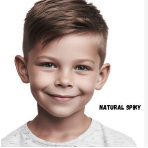 Child with styled hair and 'Natural Spiky' text on a white background