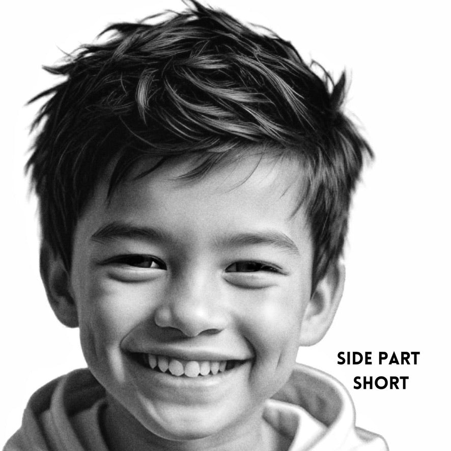 Black and white photo of a child with side-parted short hair