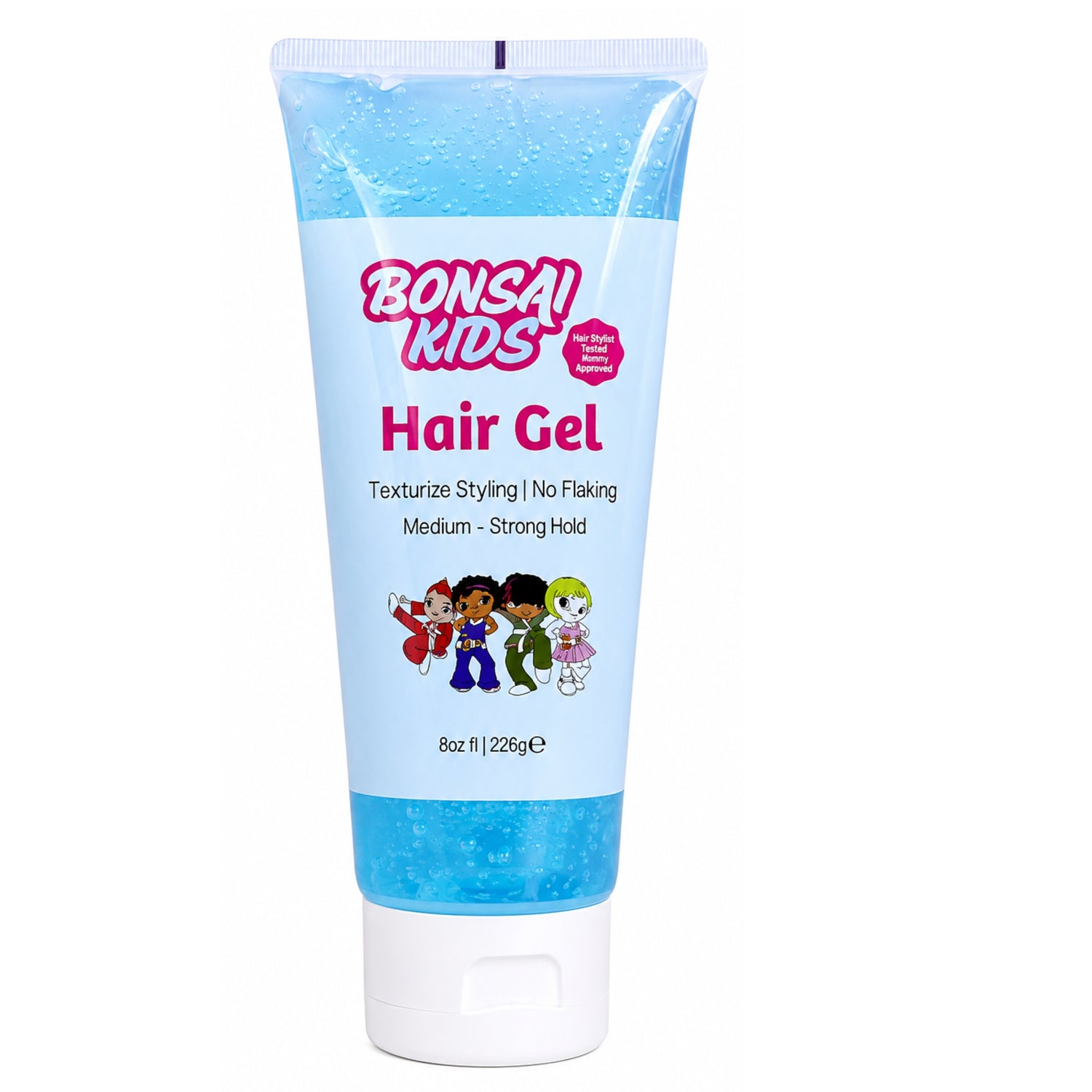 A 8 oz squeeze tube of BonSai Kids Hair Gel, featuring a light blue and white design with pink brand lettering and cartoon characters, set against a plain white background.