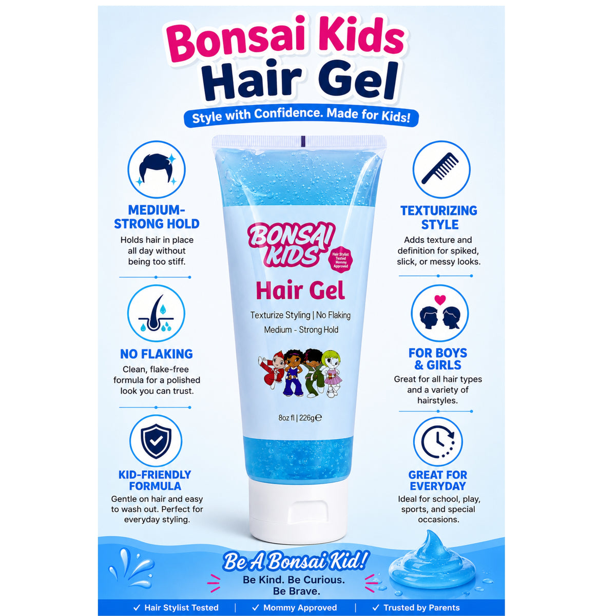Bonsai Kids Hair Gel in a blue squeeze tube with a white cap, displayed on a light blue promotional background with product features and benefits written in text.