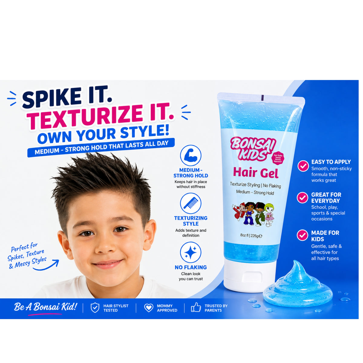 Bonsai Kids Hair Gel tube on a blue and white promotional background with a smiling boy, product text, and feature callouts.
