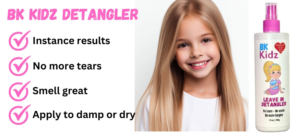 BK Kidz Detangler product with a child model and product bottle on a white background