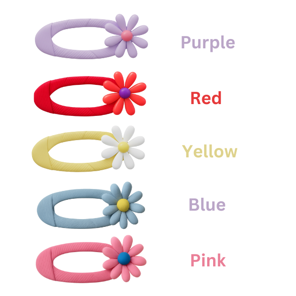 Set of five colorful hair clips with flower designs on a white background - Purple red yellow blue and pink colored hair clips