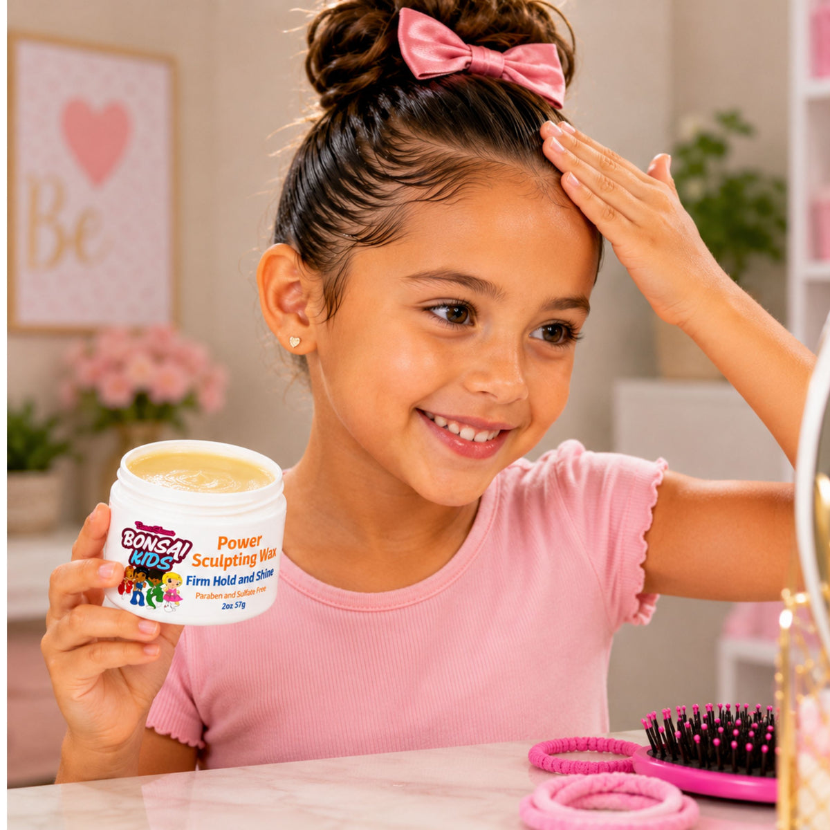 A young girl with a pink bow in her hair holds a jar of Bonci Kids Power Sculpting Wax while touching her hair. The setting is a bright, pink-themed room with a mirror, hair accessories, and a pink hairbrush on a marble surface.