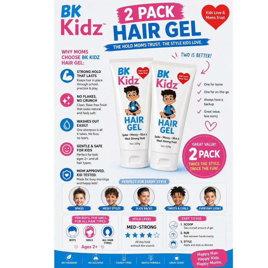 A promotional graphic for a 2-pack of BK Kidz Hair Gel, showing two white squeeze tubes of hair gel with cartoon characters on the front, surrounded by marketing text, icons, and before/after style examples on a white background.