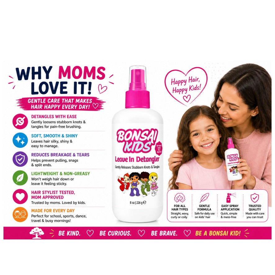 Bonsai Kids Leave In Detangle spray bottle shown with a mother and daughter holding a smaller matching bottle, alongside large marketing text and feature icons on a white background.