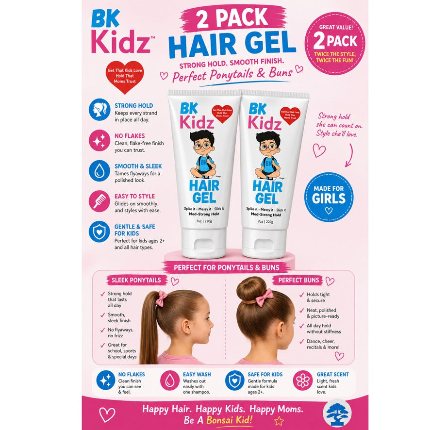 A promotional graphic for a BK Kidz 2-pack of Hair Gel tubes, featuring product packaging, descriptive text, and before-and-after hair styling results on a pink and white background.