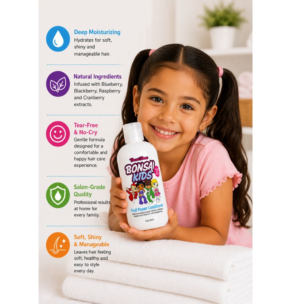 Child holding a bottle of Bonsai Kids hair product with product features listed on the left.