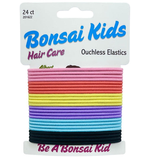 Pack of colorful hair elastics with 'Bonsai Kids' branding on a white background