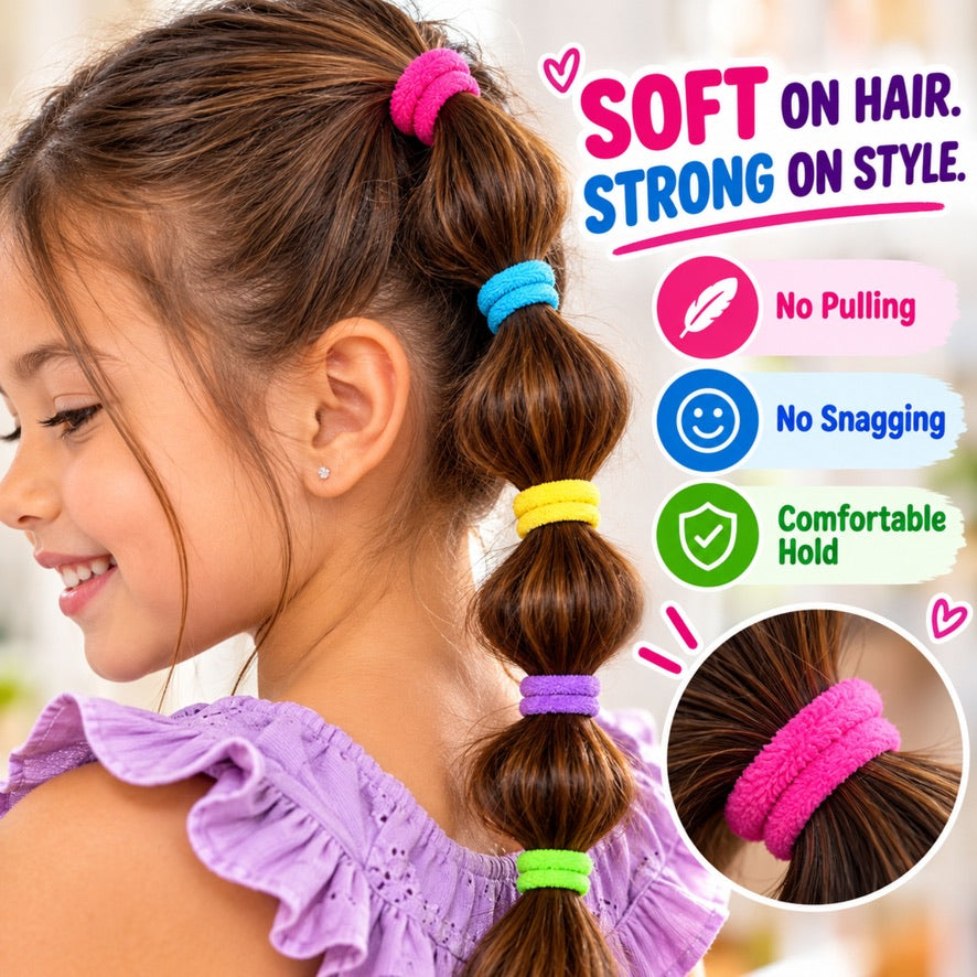 A young girl with brown hair styled in a braid wearing multiple colorful elastic hair ties, shown alongside marketing text and icons that say the hair ties are soft on hair, strong on style, no pulling, no snagging, and comfortable hold.