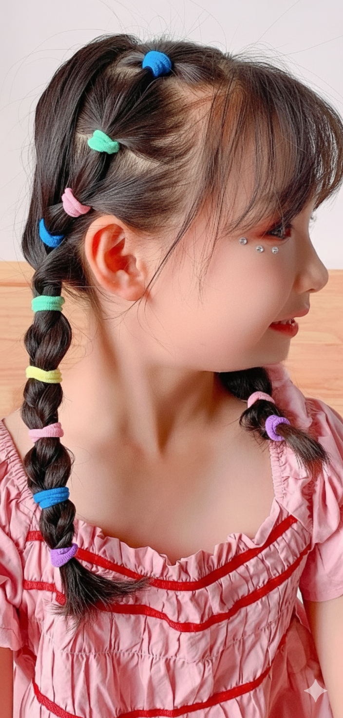 Child with braided hair wearing colorful hair ties against a neutral background