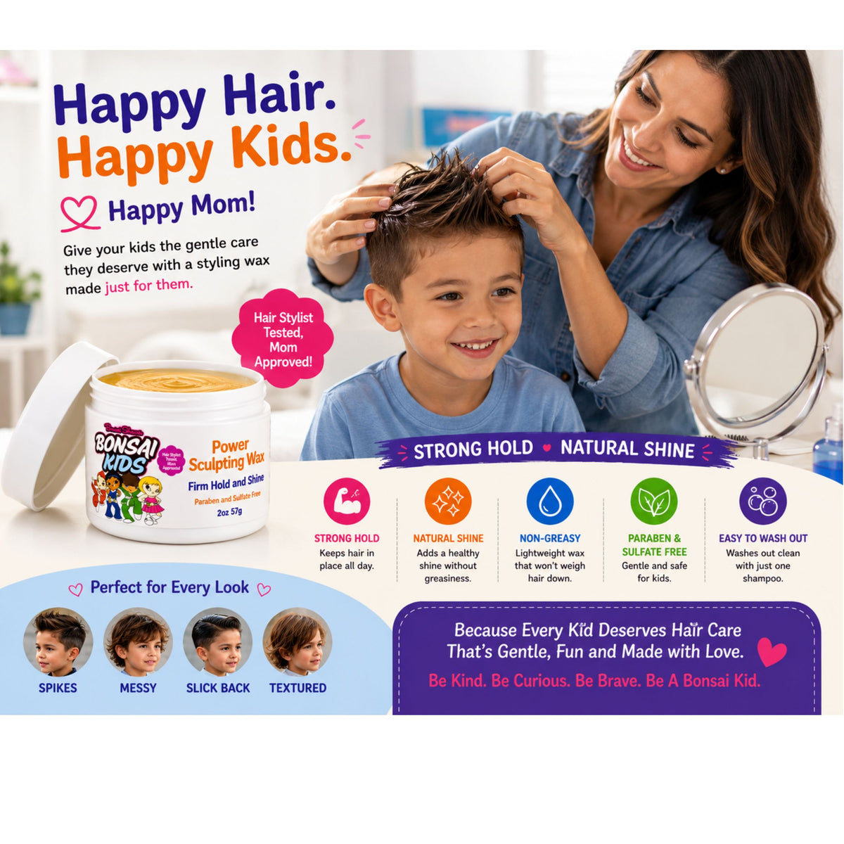 A promotional ad for Bongsai Kids Power Sculpting Wax Hair Gel, showing a woman styling a young boy's hair. The product jar is shown on the left, and the ad features text highlighting benefits like strong hold, natural shine, and being gentle and safe for kids.