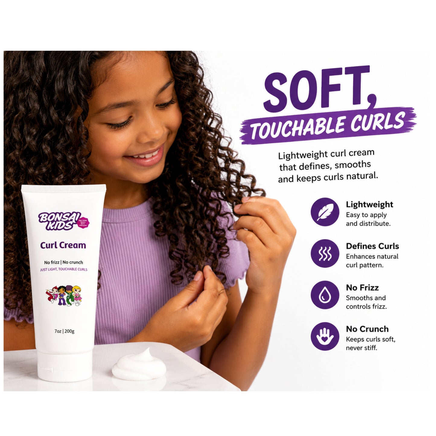 A young girl with long, defined curly hair smiles while touching her curls, next to a tube of Bon Sai Kids Curl Cream and a dollop of cream on a white surface. The image features promotional text on the right highlighting the product's soft, touchable curls.