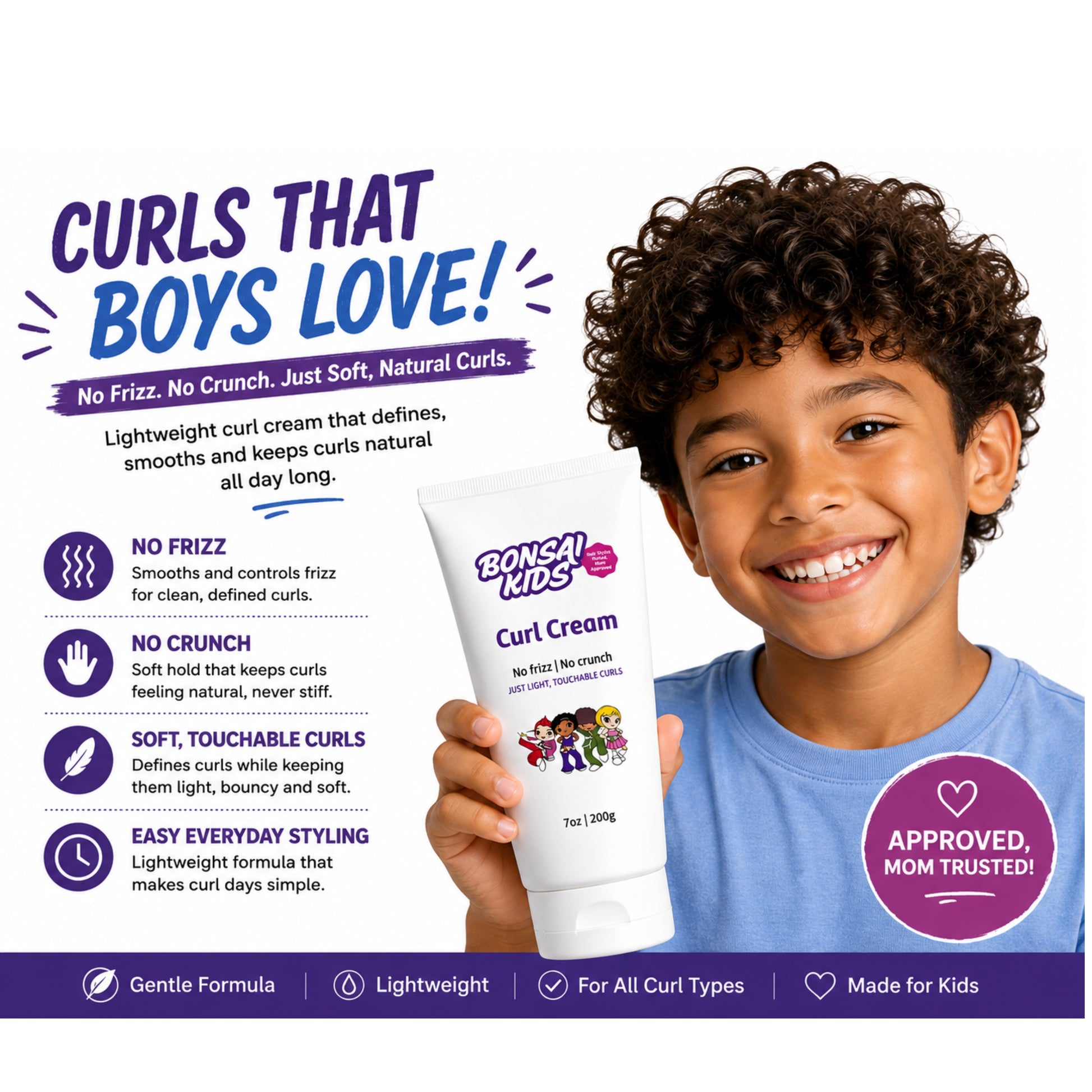 A smiling boy with curly hair holds a tube of Bonsai Kids Curl Cream against a white background with product benefits and marketing text.