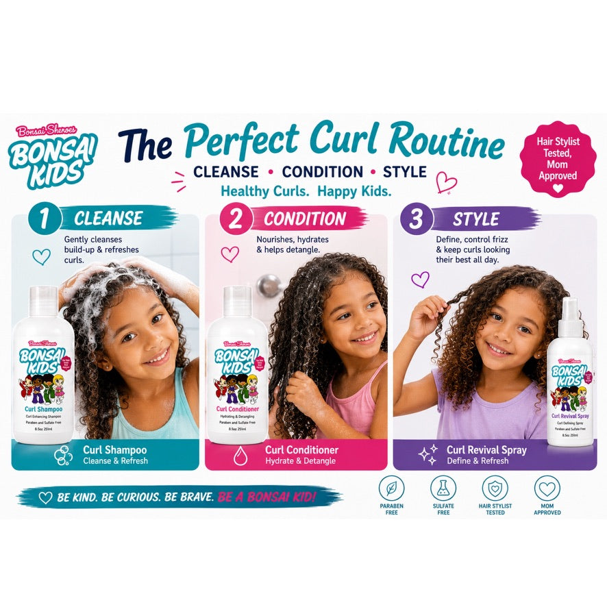 Promotional graphic for Bonsey Kids Curl Routine hair care products, showing three panels with children demonstrating curl styling and bottles of Curl Shampoo, Curl Conditioner, and Curl Revival Spray on a white background with colorful step headers.