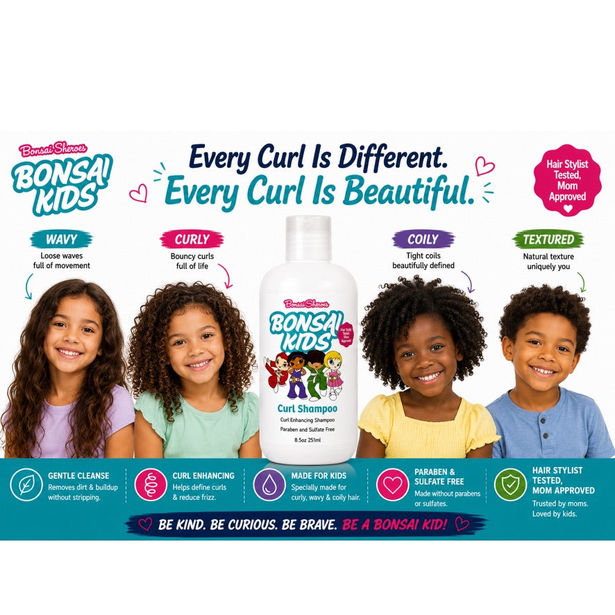 Bonsai Kids Curl Shampoo bottle centered on a white background, surrounded by four children showing different curl styles (wave, curly, coily, and textured) with colorful informational banners at the bottom.